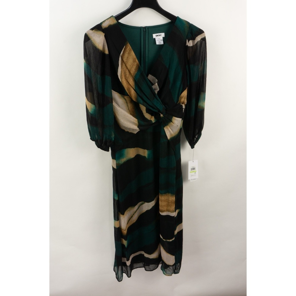 $134 DKNY V-Neck 3/4 Balloon Sleeve Twist Flounce Hem Dress Size 4 Geometric